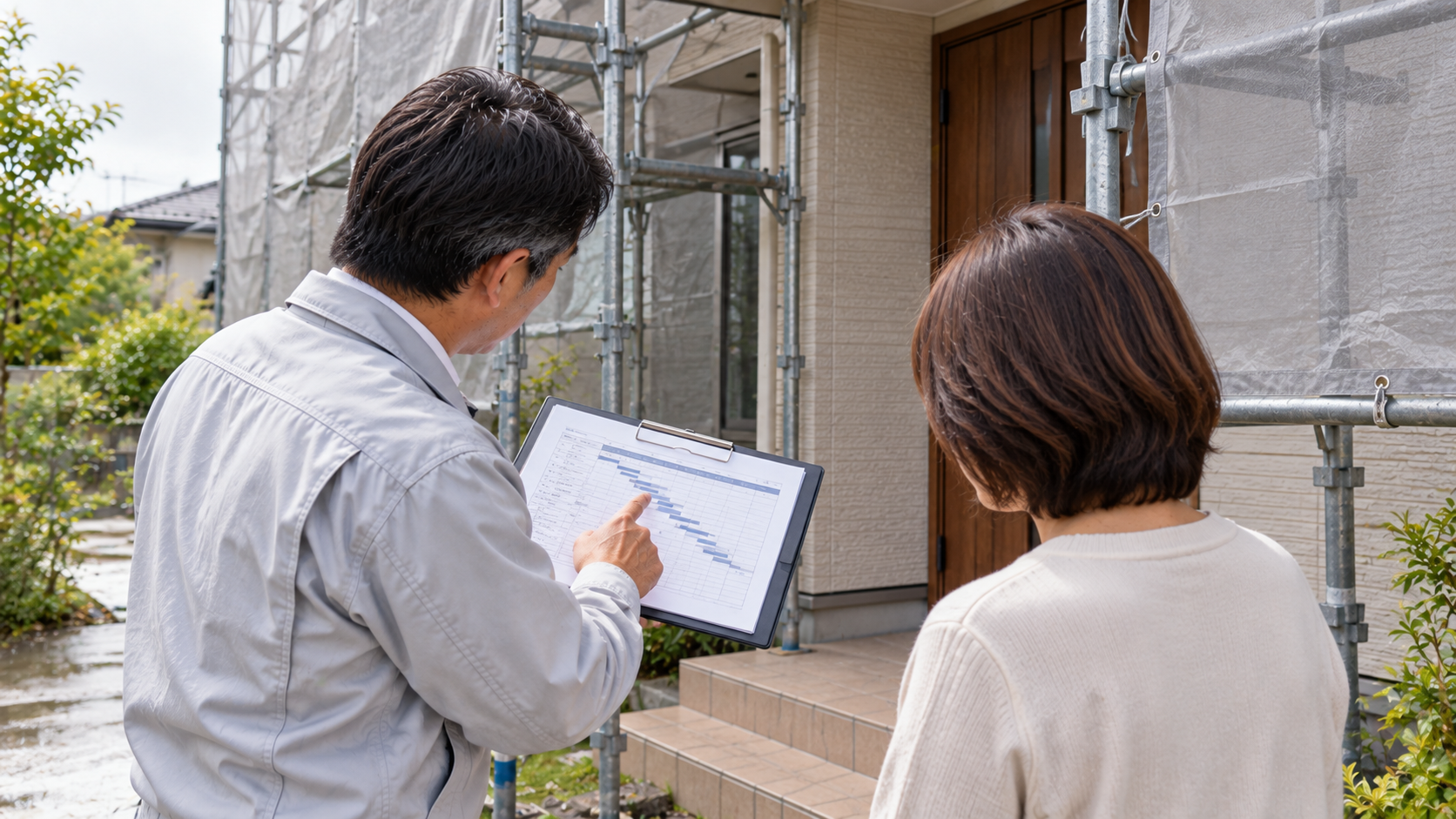 雨による外壁塗装の工程変更をお客様に説明するイメージ