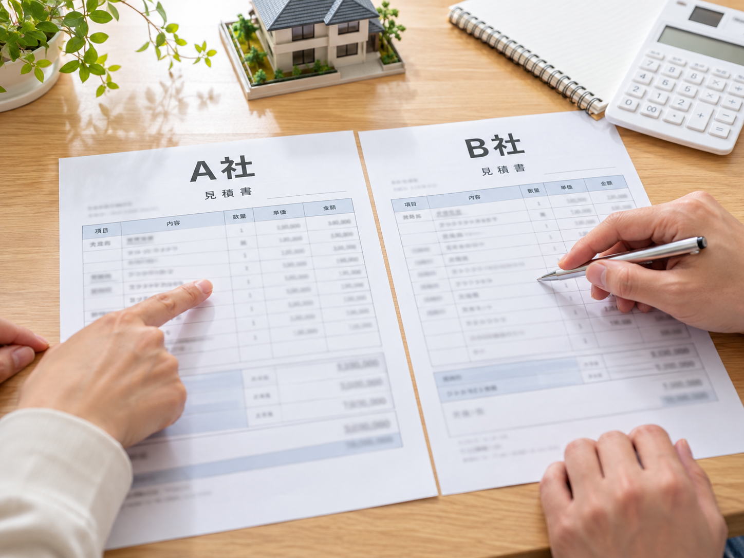 外壁塗装のA社とB社の見積書を比較するイメージ
