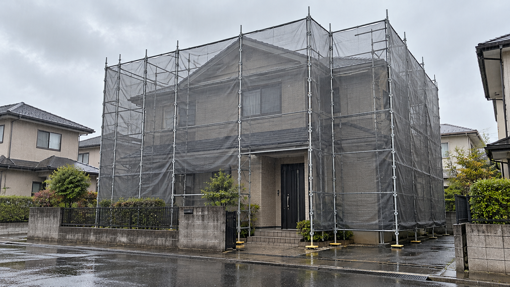 雨の日に外壁塗装工事を中断している足場設置住宅のイメージ